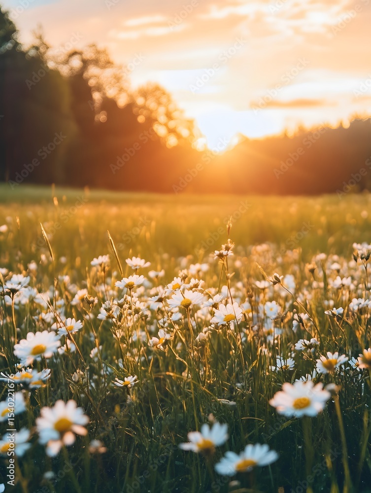 Fototapeta premium Field of white wildflowers glowing in golden sunset light