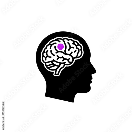 Silhouette of a head with a brain illustration in purple on a white background