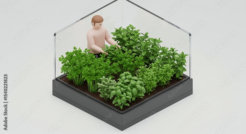 Fototapeta premium Isometric 3D Render of Compact Greenhouse with Figure Tending Lush Green Plants Eye Level View Ideal for Urban Gardening and Sustainable Living Themes