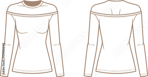 Front and back view of a white long sleeve off the shoulder top with sheer neckline illustration