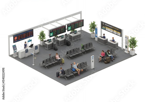 Isometric Airport Departure Gate Waiting Area with Passengers Plants and Information Displays