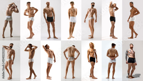 Group of shirtless muscular men in underwear arranged in grid layout with natural body language and various confident postures against bright background studio setting. Concept of underwear ad
