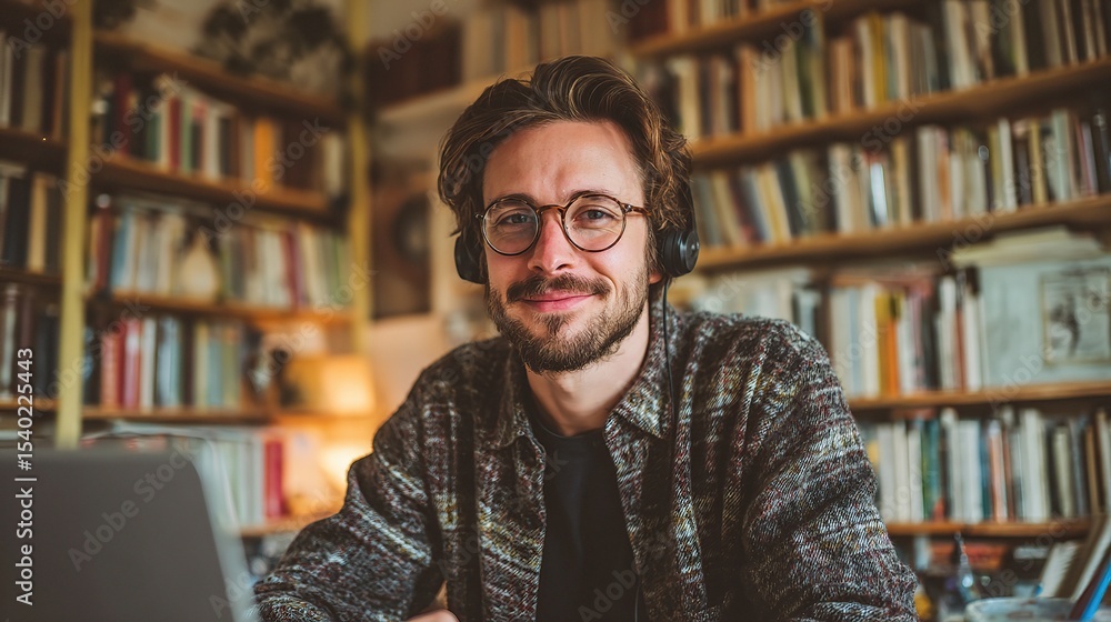 Fototapeta premium Man smiling with glasses and headphones in front of a bookcase with a laptop visible nearby on transparent background