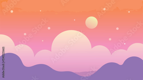 Abstract gradient landscape illustration featuring cloud shapes and celestial bodies