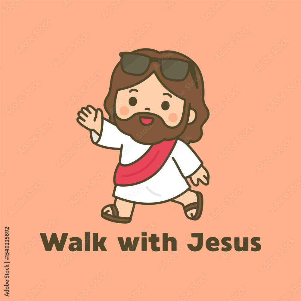 Casual Cartoon Jesus Wearing Sunglasses Waving with Walk with Jesus Phrase Casual Cartoon Jesus Wearing Sunglasses Waving with Walk with Jesus Phrase