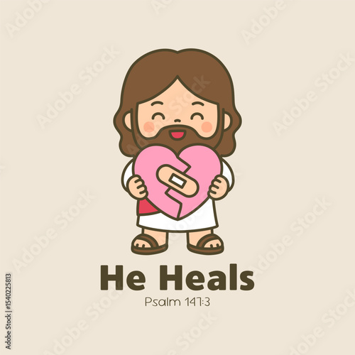 Happy Cartoon Jesus Holding a Heart with Bandage Representing He Heals