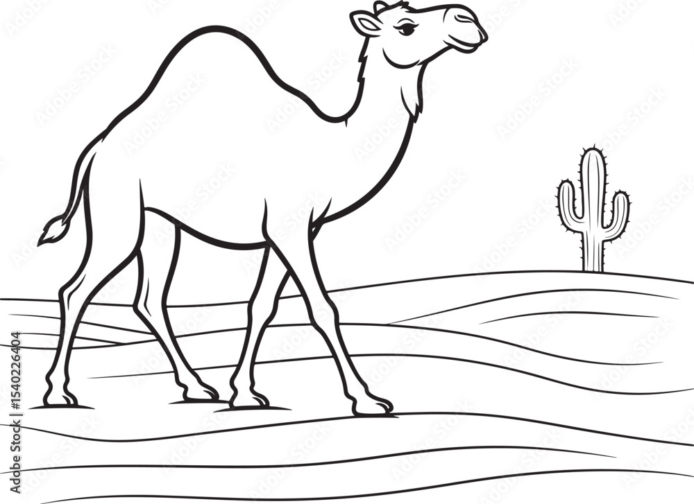 Fototapeta premium Black and white camel standing in desert with cactus illustration