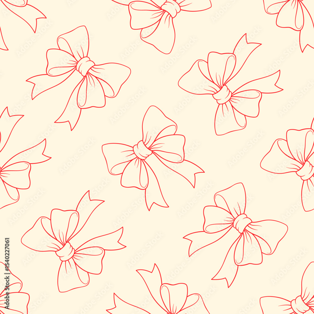 Fototapeta premium Red hand drawn line ribbon bows on beige background. Vector seamless pattern.