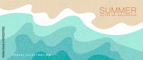 Abstract summer horizontal vector background with blue sea waves,  beach sand and vector texture for cover, flyer, poster, banner, social media, ads. Vacation travel illustration. Promo ads template.