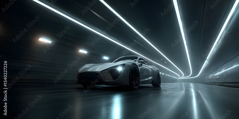 Obraz premium Futuristic Car in a Tunnel with Light Trails