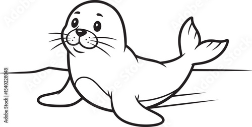 Adorable cartoon seal basking in sunshine, a black and white outline
