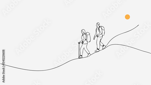 Two hikers with backpacks trekking along a winding mountain trail, surrounded by nature, showcasing the spirit of outdoor adventure and exploration in a minimalist illustration style