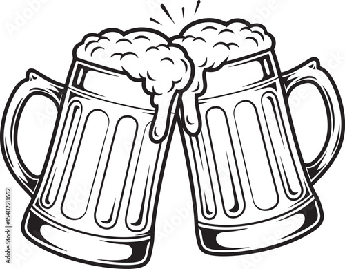 Illustration of Two Frothy Beer Mugs Clinking Together in a Celebration