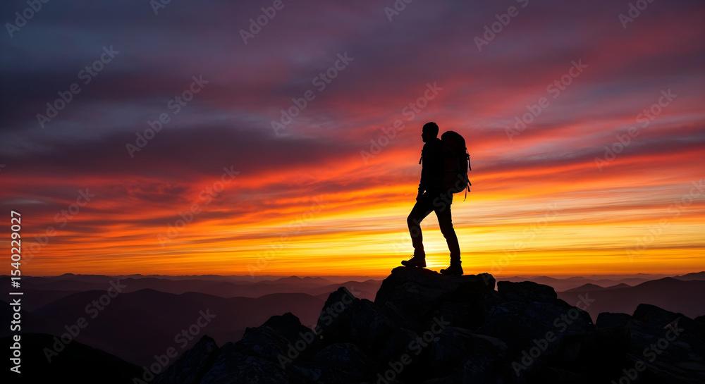 Obraz premium Lone hiker silhouetted at sunset, standing tall on rugged mountain summit.