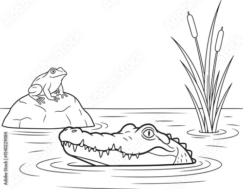 A Line Art Scene of a Frog, Alligator and Cattails in Nature