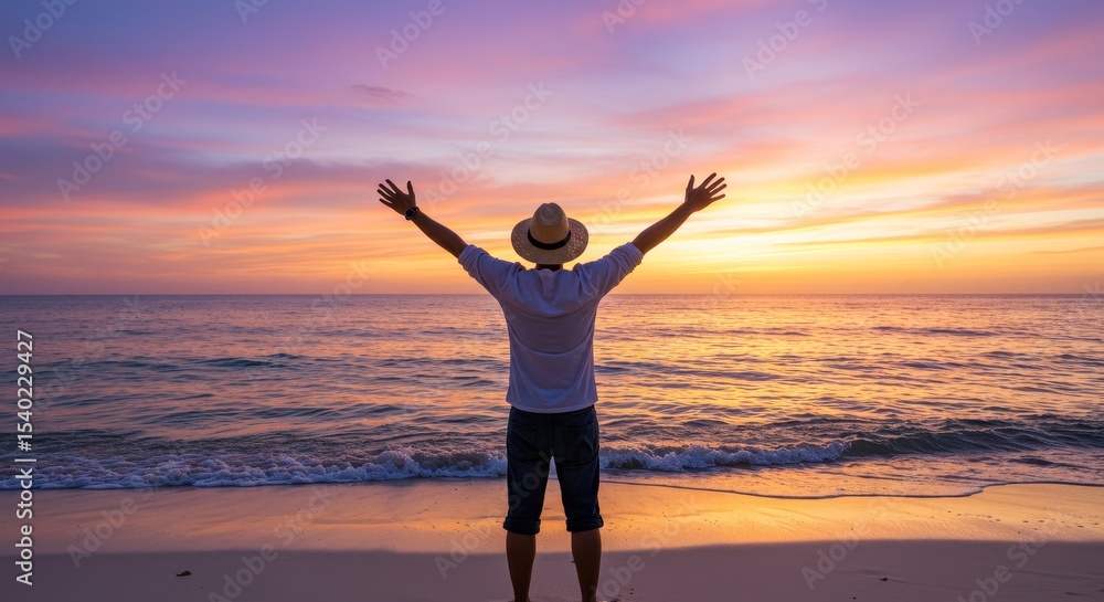 Fototapeta premium Man Welcoming Sunset at Beach - A man stands on a beach with arms outstretched, welcoming a vibrant sunset. Peaceful and serene scene