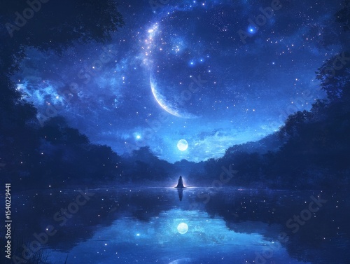 Tranquil nightscape with new moon and starry sky reflecting in river