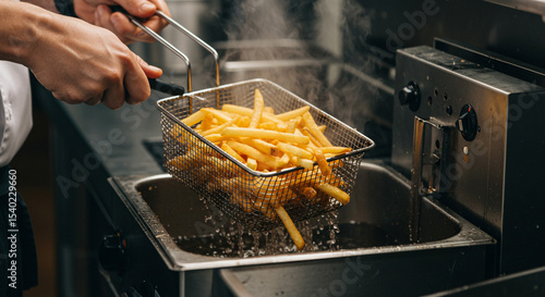 A chef preparing french fries in a restaurant kitchen with a deep fryer and metal basket full of food