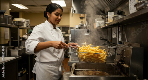 Woman chef frying french fries in a commercial kitchen with stainless steel equipment and steam rising