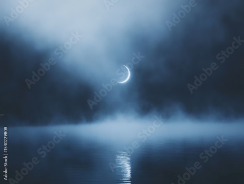Serene waning moon over misty lake scenery