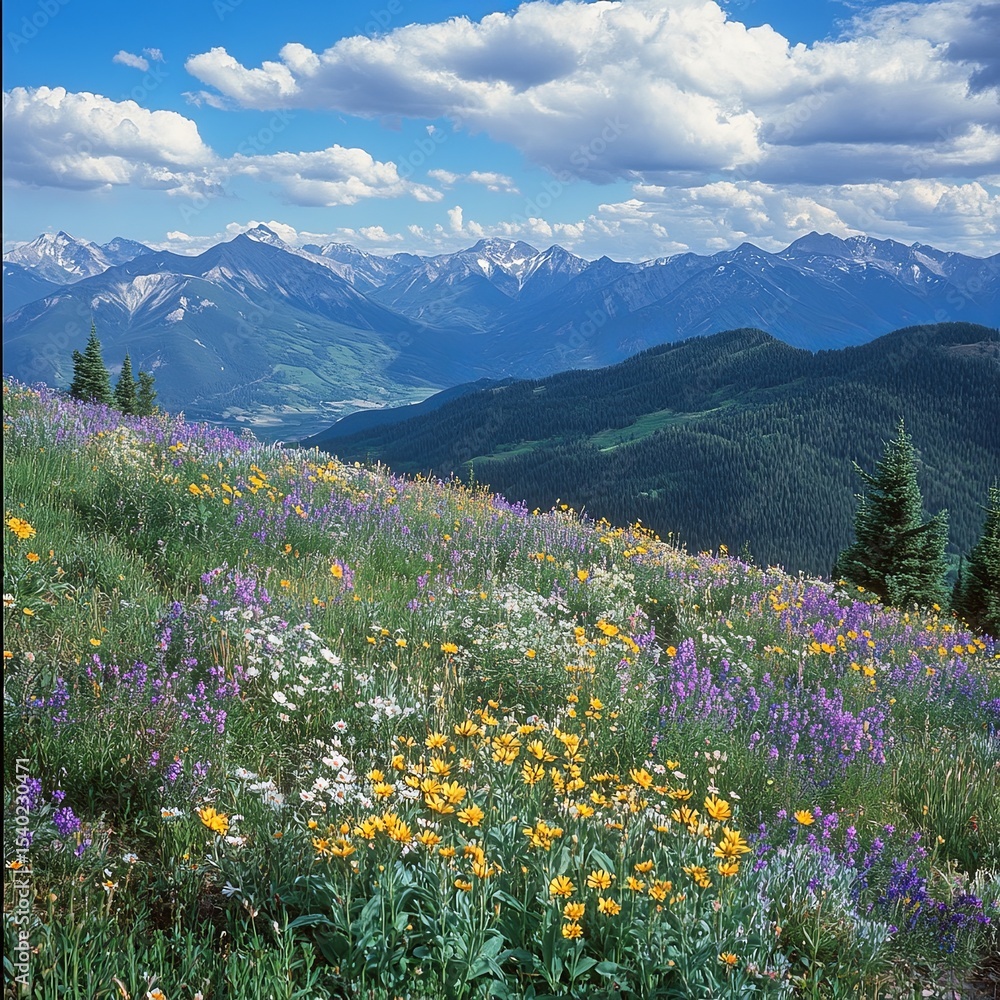 Fototapeta premium View of wildflowers and the Sawatch mountains as seen from Shrine Mountain