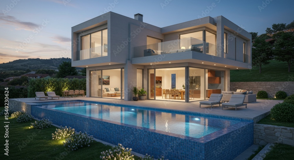 Fototapeta premium Modern Villa Design Indoor Outdoor Living - Luxurious villa, innovative design, high-end finishes, indoor-outdoor flow, stunning pool. Represents modern architecture, comfort, luxury, and relaxation