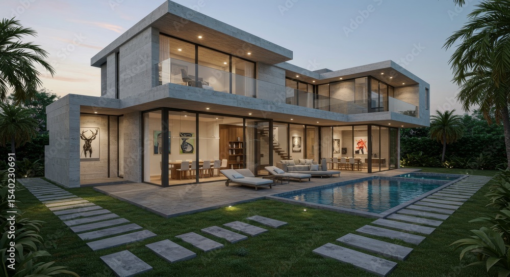 Fototapeta premium Modern Villa Design Indoor Outdoor Living - Luxury villa showcasing innovative design, high-end finishes, indoor-outdoor flow, tranquil pool, and sophisticated ambiance.