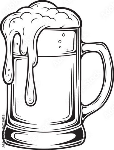 Detailed black and white illustration of a beer mug overflowing with foam