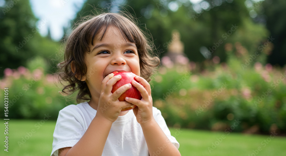 A happy child with brown hair eating a red apple outdoors in a green park on a sunny day feeling joyful A happy child with brown hair eating a red apple outdoors in a green park on a sunny day feeling joyful