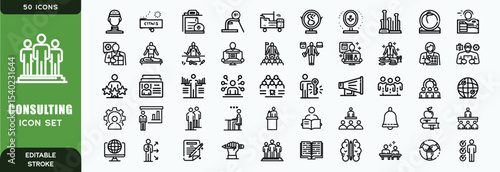 Set of 50 outline icons related to consulting. Linear icon collection. Editable stroke. Vector illustration