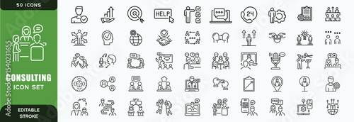 Set of 50 outline icons related to consulting. Linear icon collection. Editable stroke. Vector illustration
