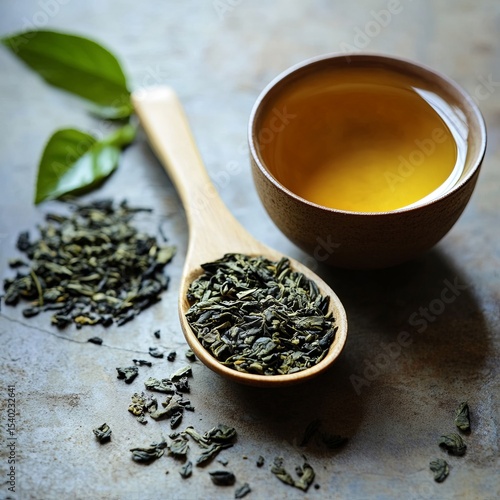 Wooden spoon full of dried healthy green tea leaves and empty cup with tea grounds.
