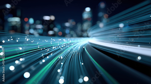 Digital optical fiber with blurred city night scene background