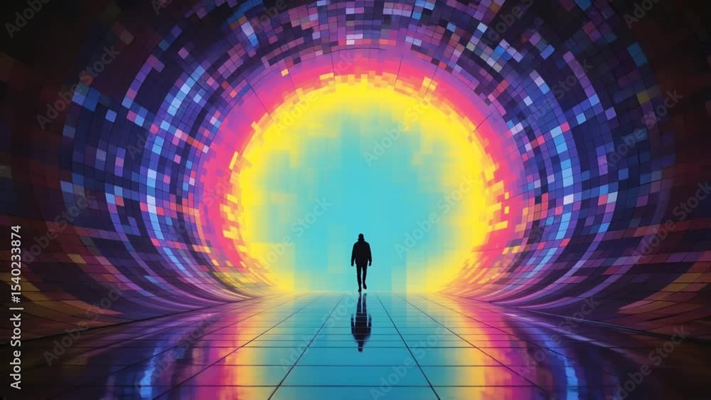 Spectacular Journey Through a Vibrant Tunnel of Color With Silhouette Walking in the Foreground at Night Spectacular Journey Through a Vibrant Tunnel of Color With Silhouette Walking in the Foreground at Night