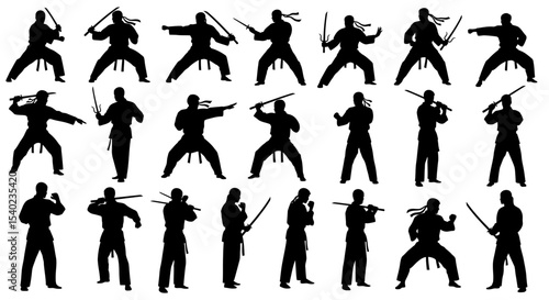 Martial Artist Silhouettes: Diverse Sword and Sai Poses