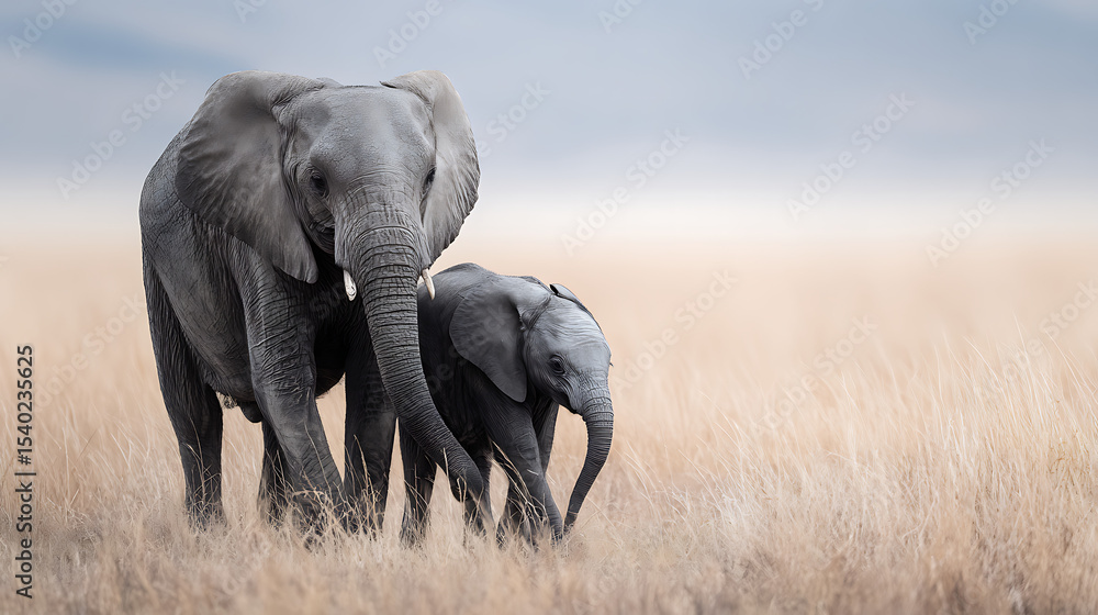 Fototapeta premium Baby Elephant & Mother Walking Through Grasslands