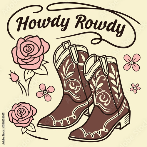 Vintage Howdy Rowdy Cowboy Boots with Floral Design and Roses
