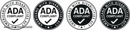 round americans with disabilities act compliant badges in black and white with check mark used for accessibility and standards	