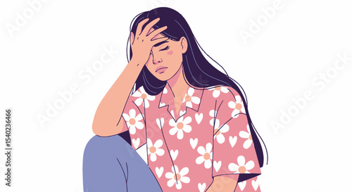 Pensive Woman in Floral Shirt, Hand to Forehead