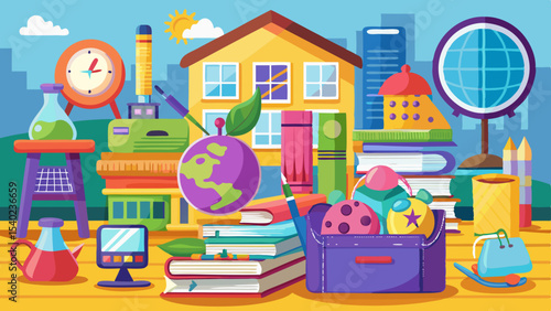 Colorful school supplies and educational items on a desk with books, globe, backpack and science equipment in a classroom setting