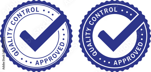 Set of blue quality control approved badges with checkmarks and circular design, used for certified product assurance	