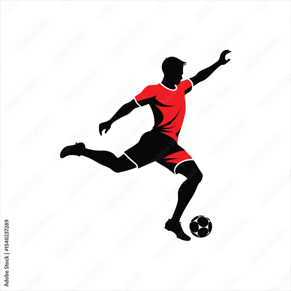 Obraz premium Vector Soccer Player Silhouette Kicking Ball in Red and Black Kit