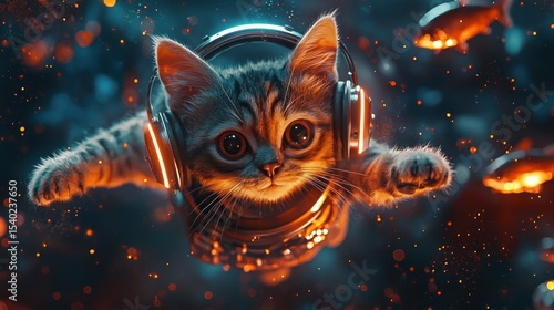 Cute cat in space headphones