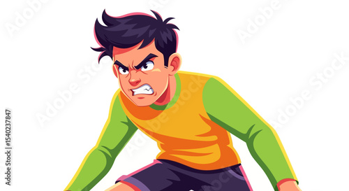 Cartoon man with angry expression wearing a yellow and green shirt.