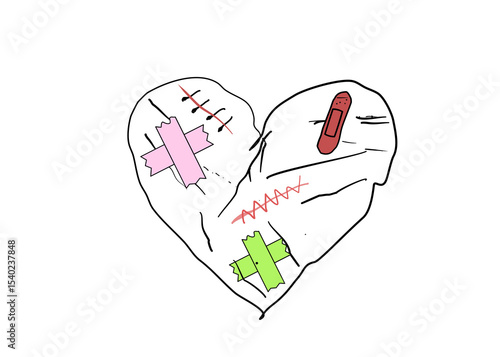  Broken heart sewed by thread and needle .Sadness,Feeling sorry for broken heart. Copy space, for your text.