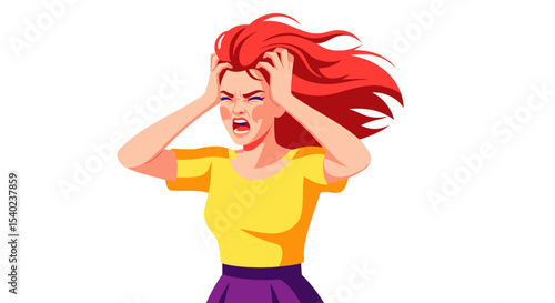 Cartoon woman with red hair screaming in frustration and despair