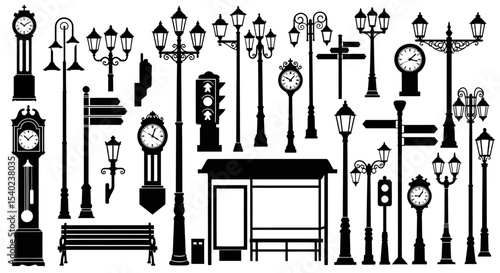 Silhouette Collection of Street Furniture: Clocks, Lamps, Signs, and Bus Stop