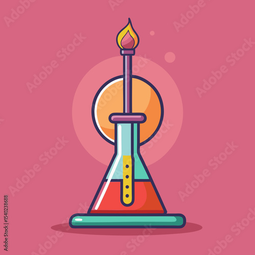 A stylized illustration of a scientific experiment with a flame above flask
