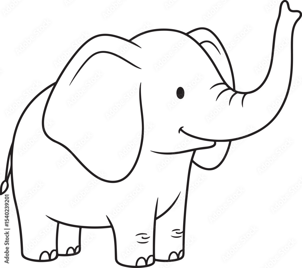 Fototapeta premium Cute Cartoon Elephant with Trunk Raised in a Black and White Drawing