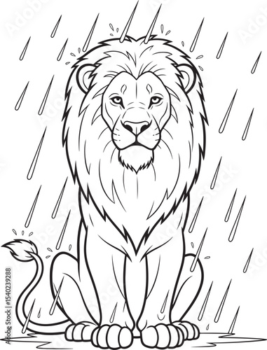 A majestic line art lion sits calmly in a rainstorm